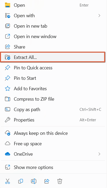 Windows File Explorer context menu with the “Extract All” option highlighted for extracting downloaded WordPress files into a local website folder