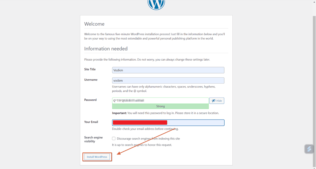 WordPress installation form with site title, admin credentials and the “Install WordPress” button highlighted.