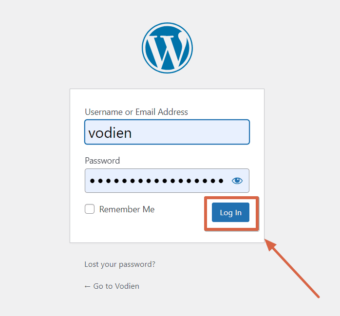 WordPress login screen with username and password fields.