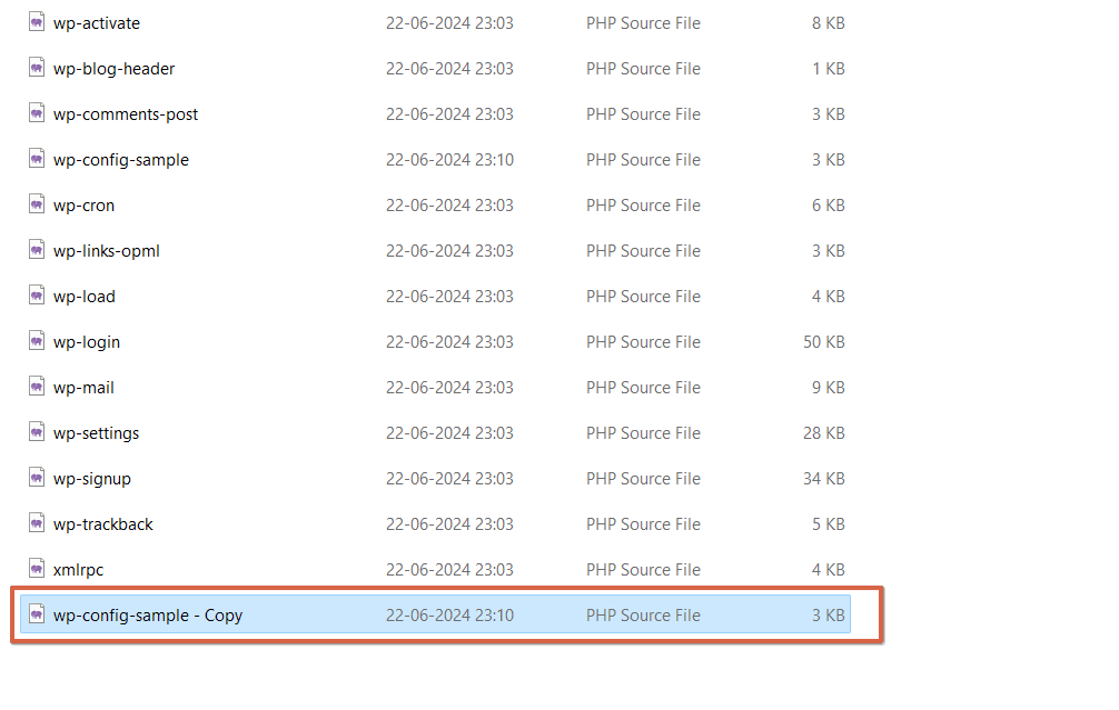 WordPress wp-config-sample.php file with database connection settings highlighted for local setup.