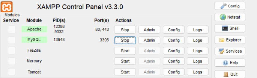 XAMPP Control Panel with Apache and MySQL running for local website hosting.