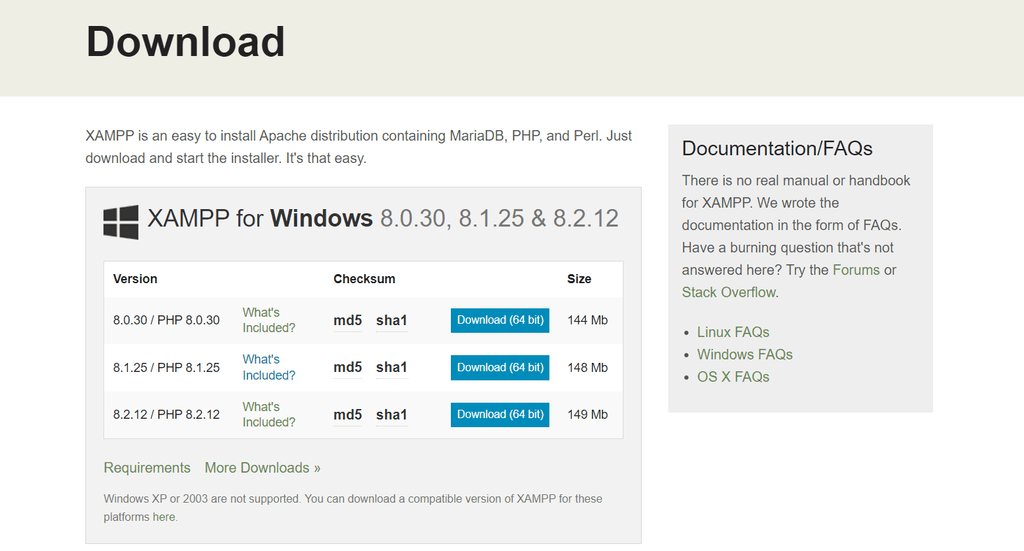 XAMPP download page showing Windows installer versions and download options for setting up a local web server.